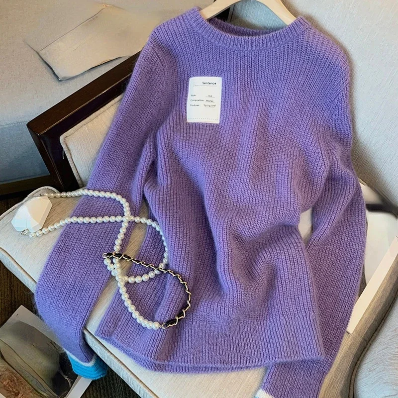 

Women Contrast Color Patchwork Long Sleeve Autumn Winter Sweater O Neck Pullover Jumpers Casual Vintage Pull Femme Purple Jumper