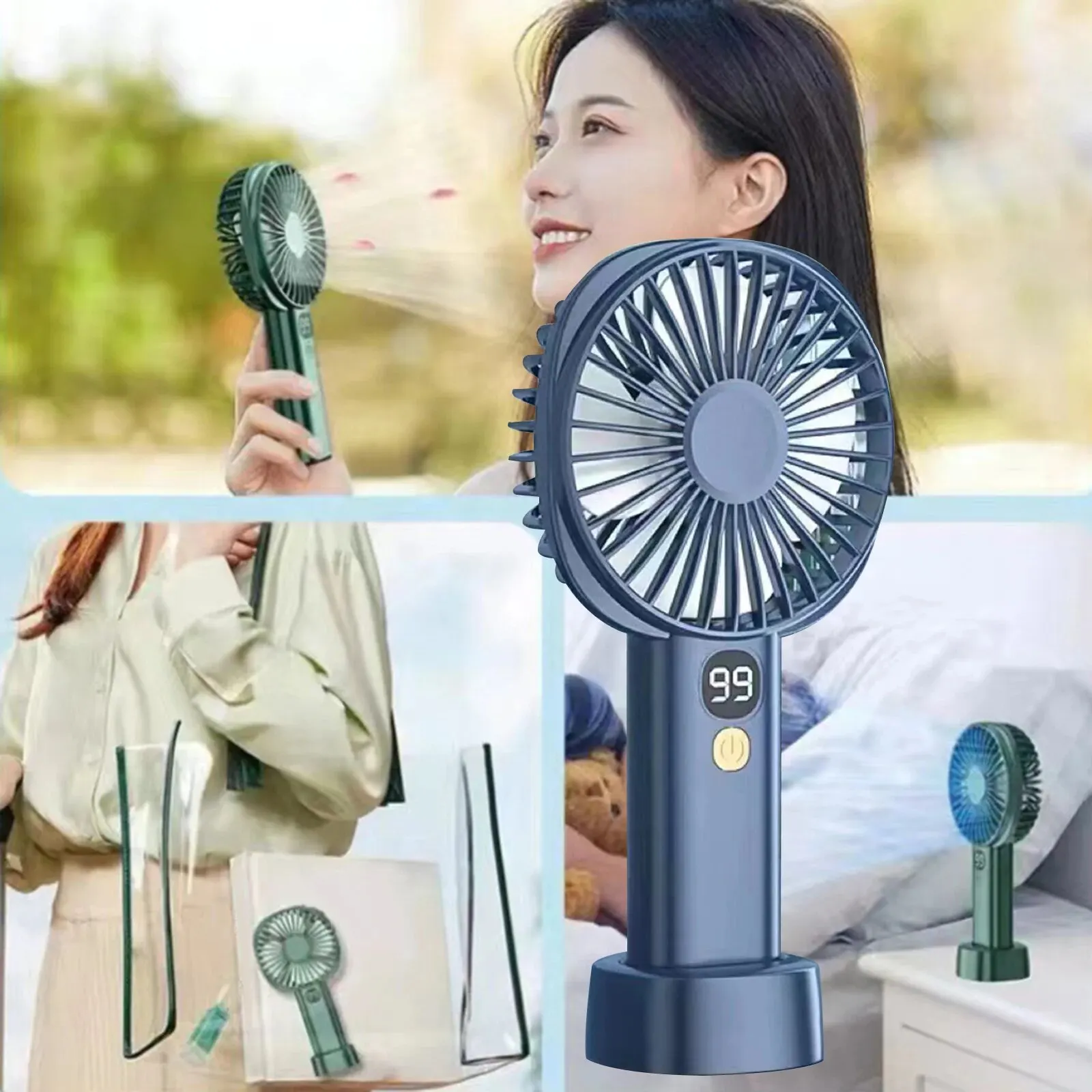 Mini Strong Wind Handheld Fan Digital Display Mini Desktop Air Cooler Fan USB Rechargeable 5 Speed Durable