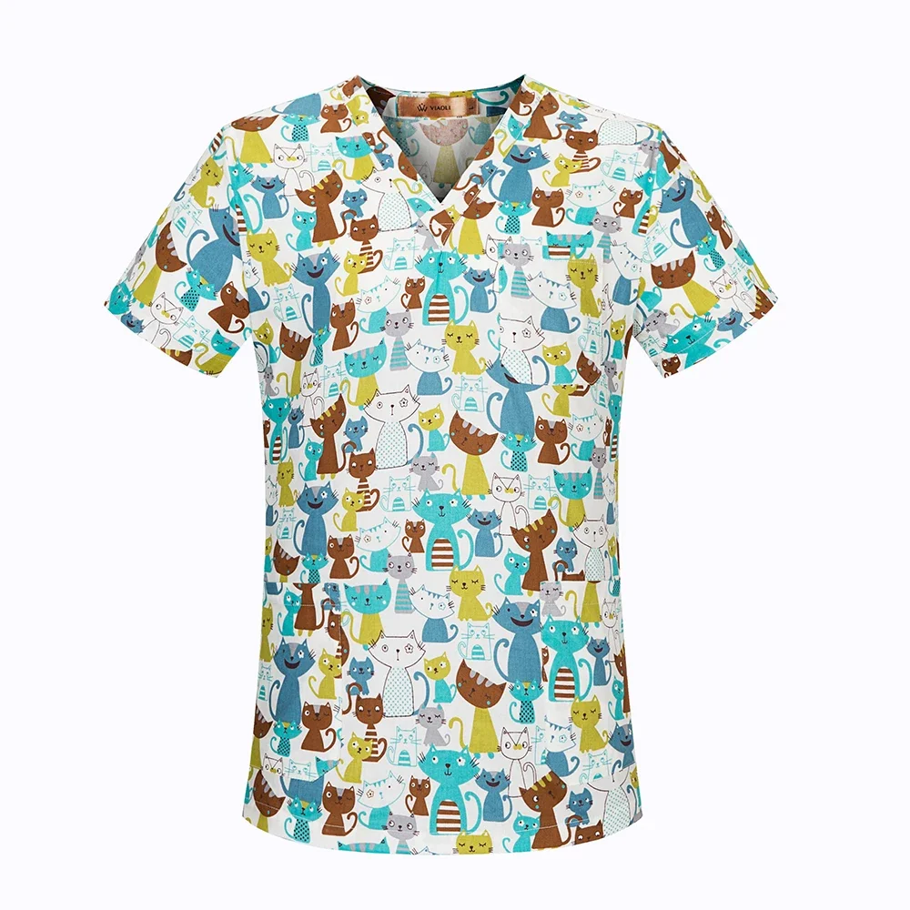 Medical Scrubs Cotton Cartoon print spa uniform beauty salon Pet shop uniform Fashion Slim Fit top scrub clothes women scrubs lab coat