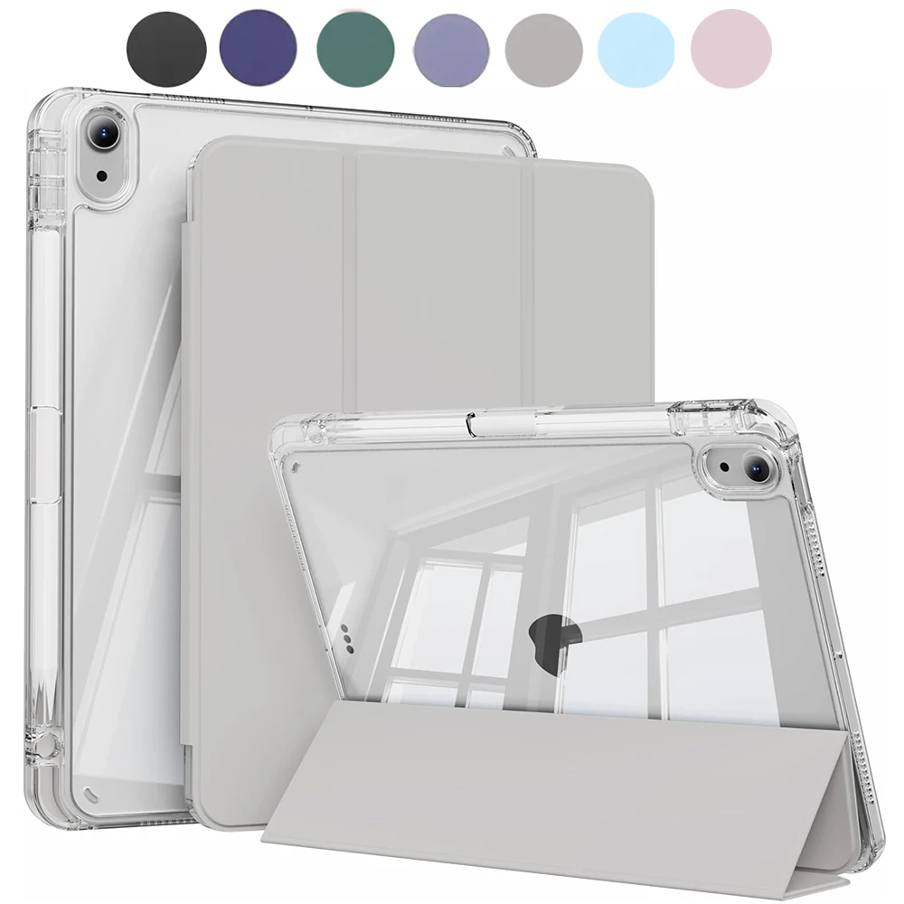 Sleek Transparent Acrylic Back Cover Trifold Stand Tablet Case with Pen Slot