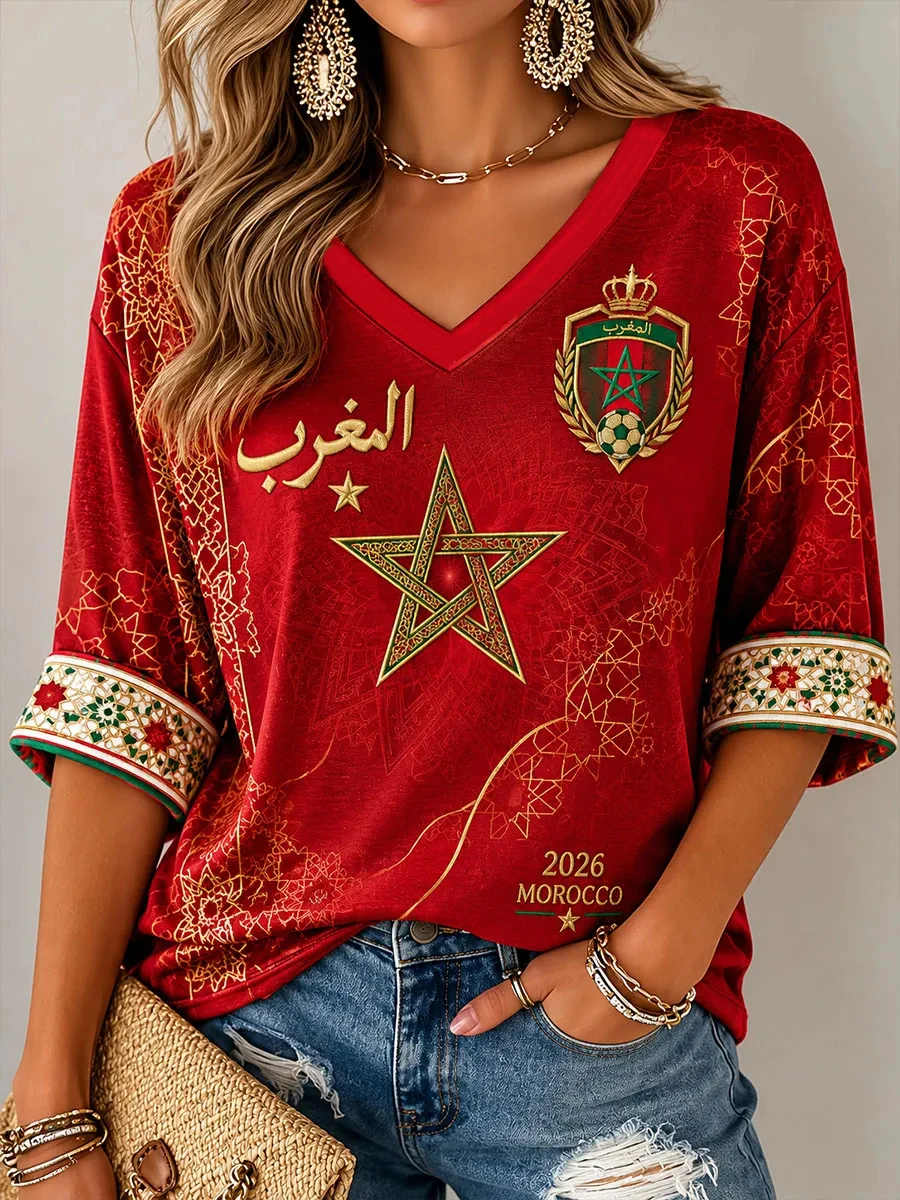 Damen-T-Shirt mit Aufdruck „Marokko Fußball“, lässiges T-Shirt mit Fußball-Kulturmotiv