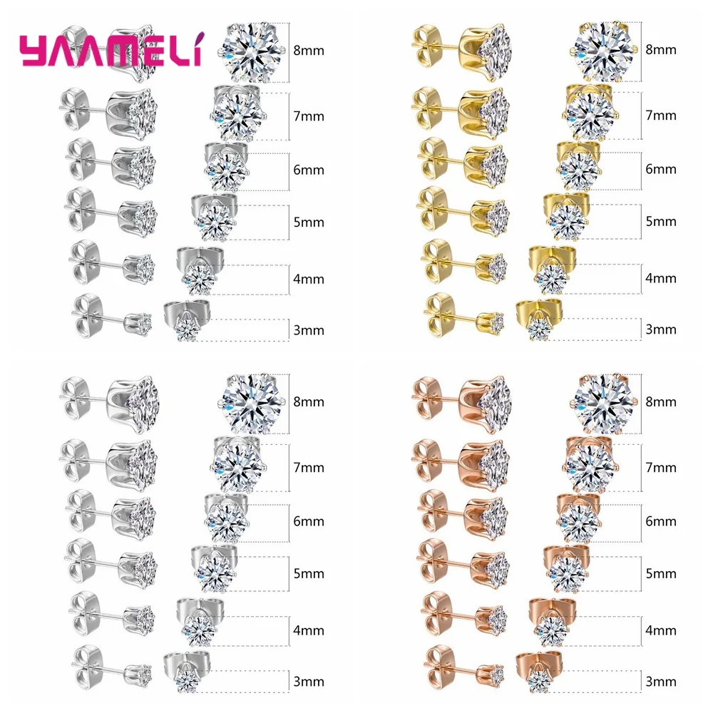

925 Sterling Silver Stud Earring Cubic Zircon Rhinestone Claw Setting Jewelry for Man Woman Child 3/4/5/6/7/8MM Mix Size 6 Pairs