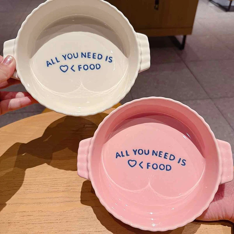 Cute Pink Binaural Ceramic Baking Tray Letter Printed Baked Rice Bowl Home Oven Tableware Bread Tray