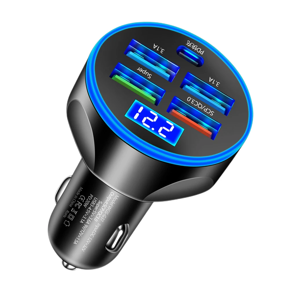 20W Car Charger 5 Ports Type C Adapter PD QC3.0 Super Charger 5V 3.1A Fast Charging for iPhone Samsung for Huawei Xiaomi