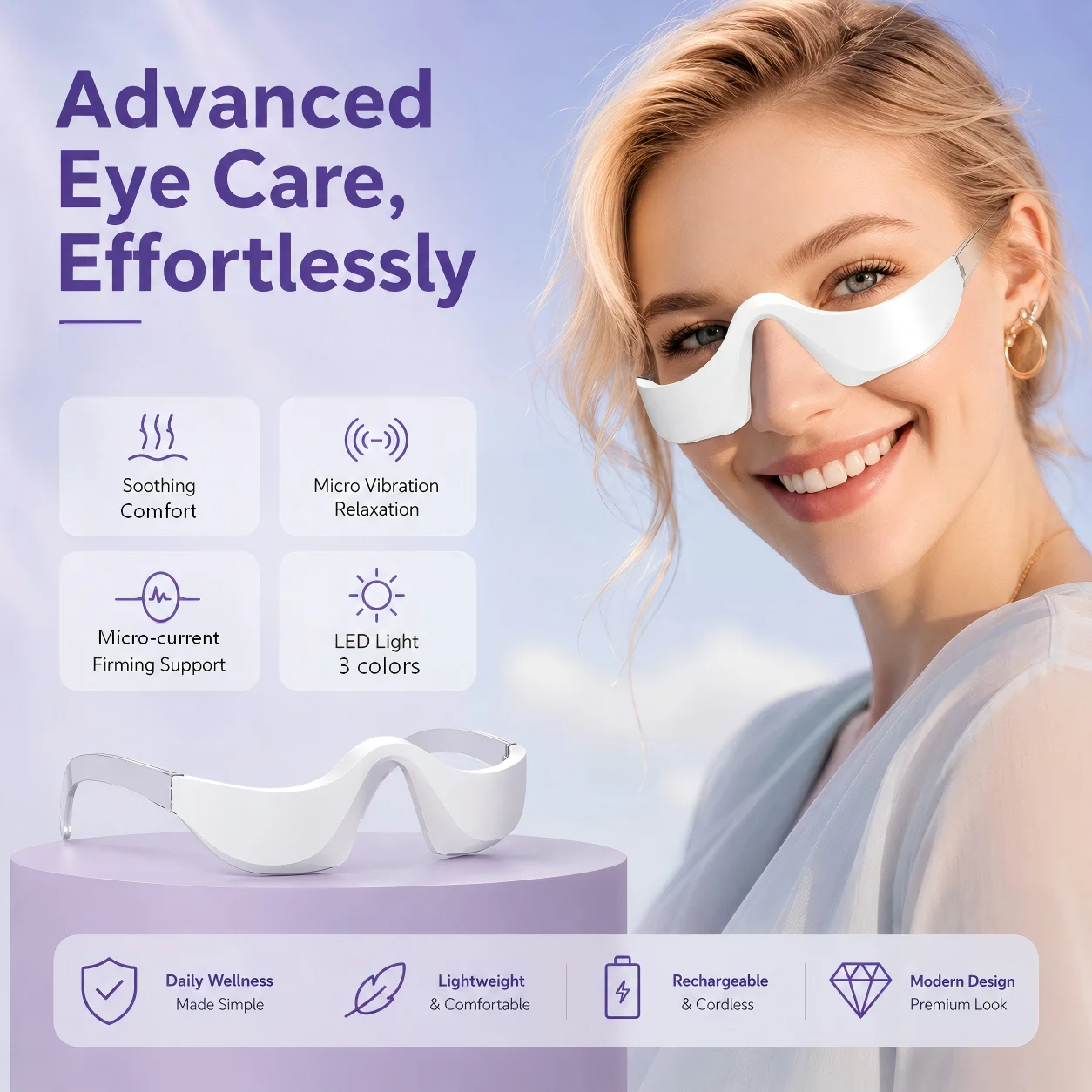 Red Light Eye Massager for Eye Bags & Puffiness Hands-Free Eye Beauty Tool 3 Colors LED Eye Pods for Skin Firming & Smoothing