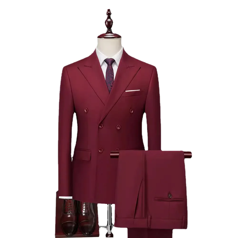

Boutique Fashion Solid Color Double Breasted Set 2-piece Slim Fit Men's Leisure Business Office Set