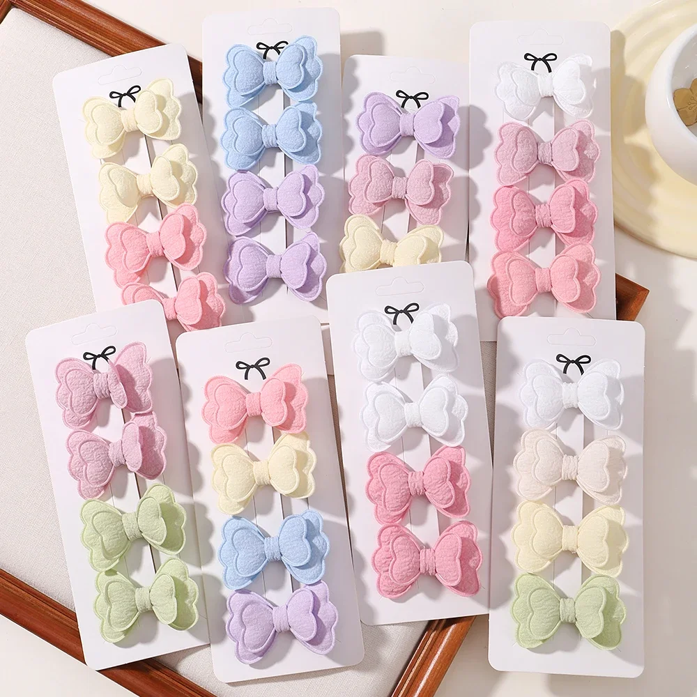 4Pcs/set Candy Colored Hair Clip Set for Toddler Double Layered Bow Cute Bangs Hair Pin Cotton Safe Babe Girls Hair Accessories
