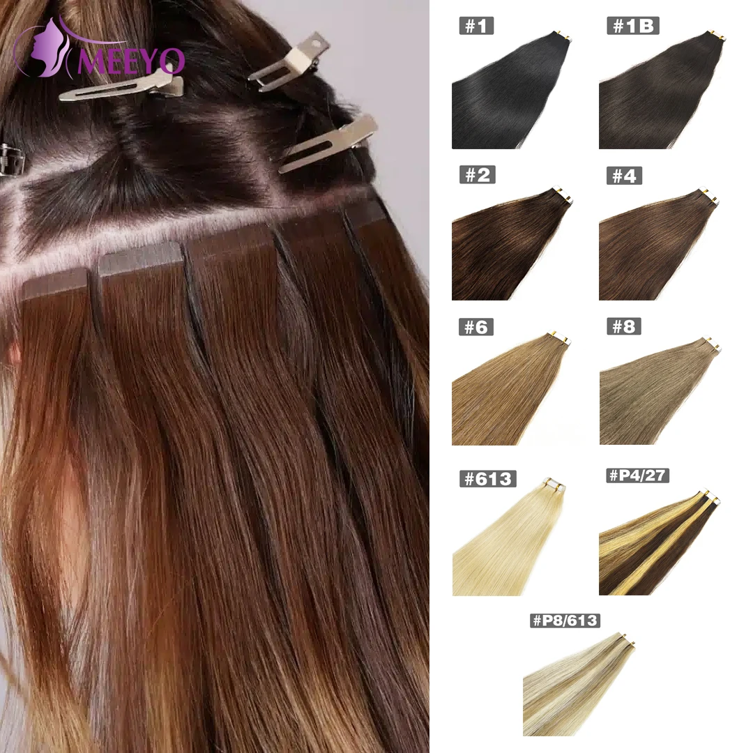 Extensions de cheveux naturels lisses en soie, bande Invisible sans couture, couleur P4/27, 20 pièces, pour femmes