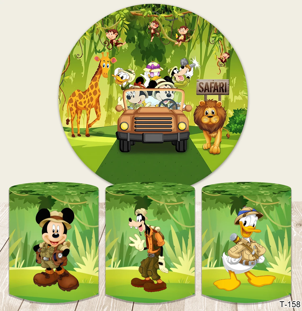 Safari Round Fondale Cover Cartoon Mickey Mouse Compleanno Foto Sfondo Baby Shower Cake Table Banner Poster Coperture Cilindriche