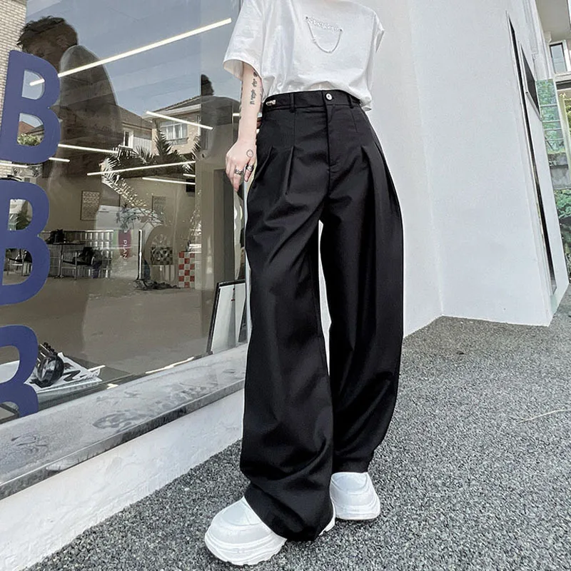 

Trendy Men's Hong Kong Style Floor Pants Spring And Summer New Personalized Metal Buckle Decorative Loose Wide Leg Casual Pants