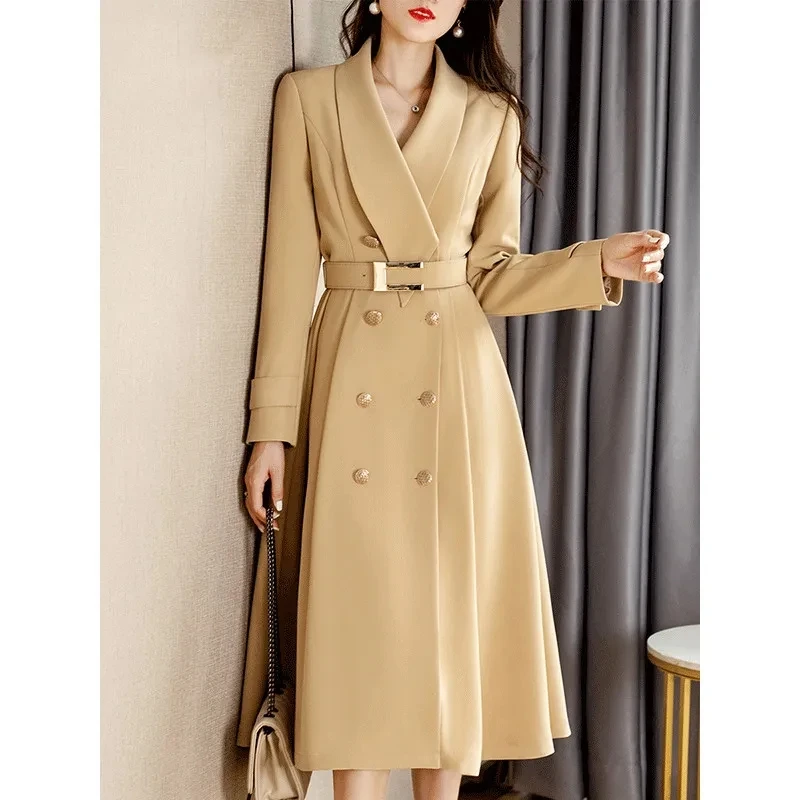 

2023 Spring Autumn New Temperament Windbreaker Coat Female Fashion Devise Slim Long Overcoat Solid Color Women's Windbreaker