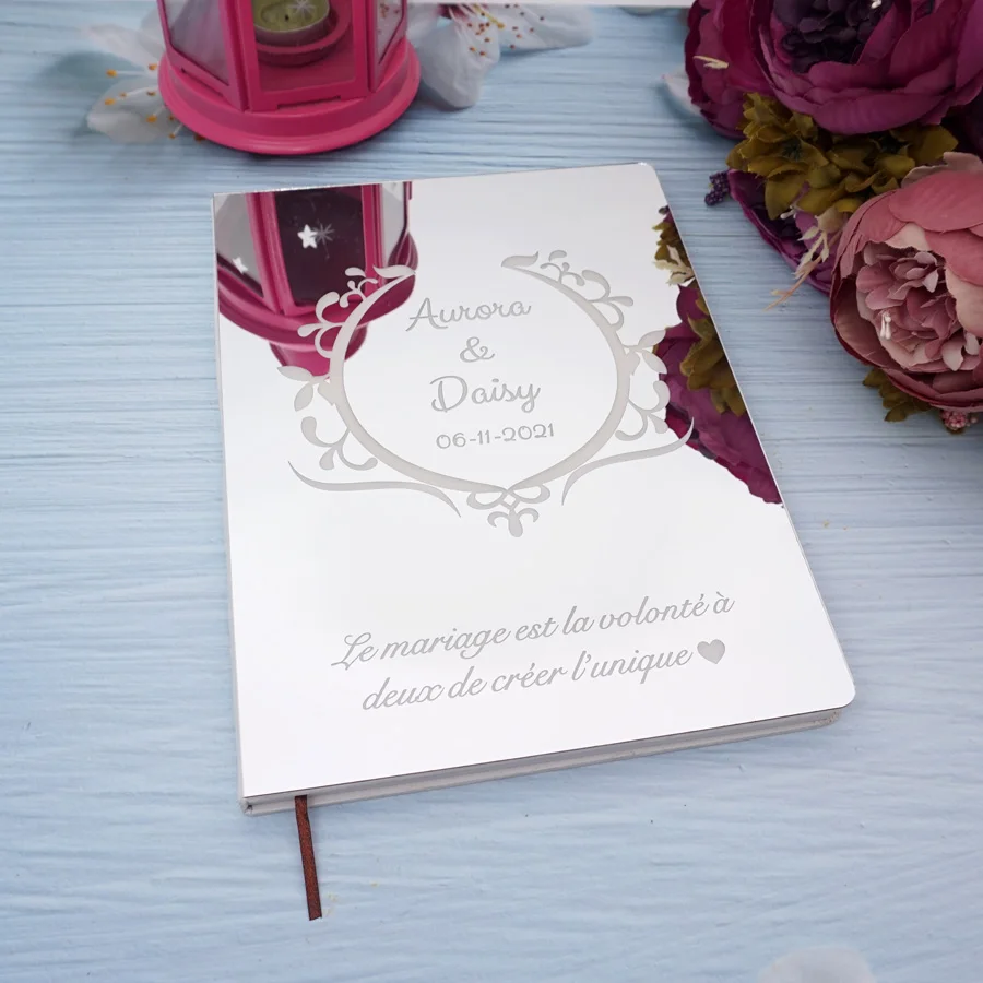Acrylic Mirror Cover Flowers Design Guest Book Unique Bride & Groom Memory Album,Wedding Party Decoration Newlyweds Gift