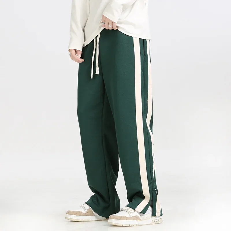 

Men's Striped Slit Pants Spring Autumn Straight Wide Leg Trousers High Street Loose Casual Trousers 2024 Fashion Men Clothing