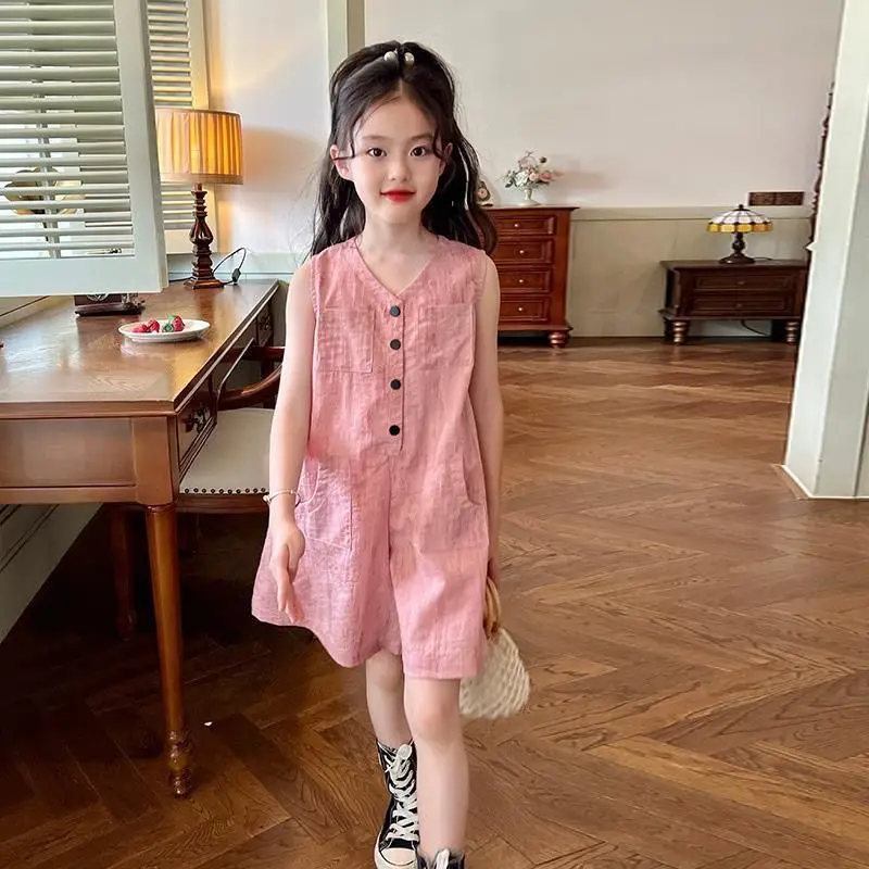 

Girls' Clothing Set Korean Edition New Cotton and Hemp Sleeveless Design jumpsuit Summer Thin Children's Loose Shorts