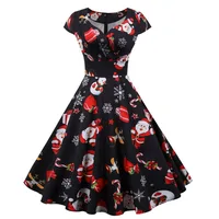 Fashion V-neck Short Sleeve Printed Christmas Dress Large Swing Vintage Elegant Xmas Party Dress - Image 4