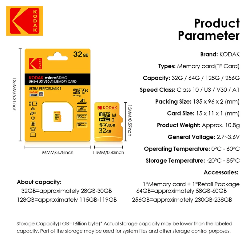 기존 KODAK 메모리 카드 32GB C10 64GB U3 4K 마이크로 SD 카드 32GB SDHC UHS-I C10 64G A1 V30 TF 트랜스 플래시 Microsd
