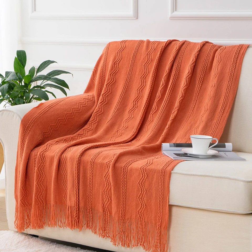 Caramel Knit Throw Blanket - Lightweight Plaid Blanket for Couch and Bed