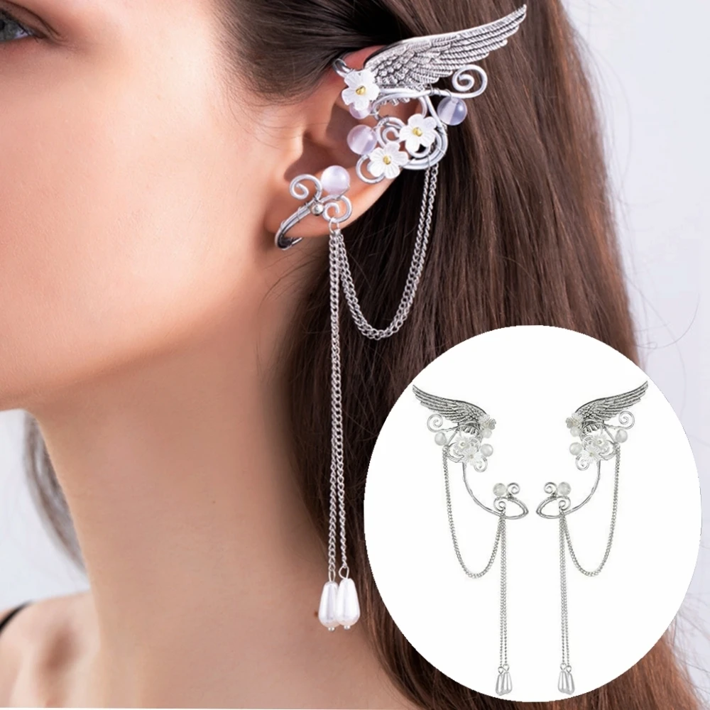Charm Fairy Long Tassel Elf Ear Cuff Wrap Wings Resin Flowers No Piercing Elven Clip On Earrings For Women Cosplay ear clip earrings clip earrings ear clip ear accessories