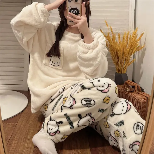 Kawaii Sanrios Hellokitty Kuromi My Melody Cute Cartoon Pajamas Flannel Pullover Warm Thick Homewear Girl  Gift