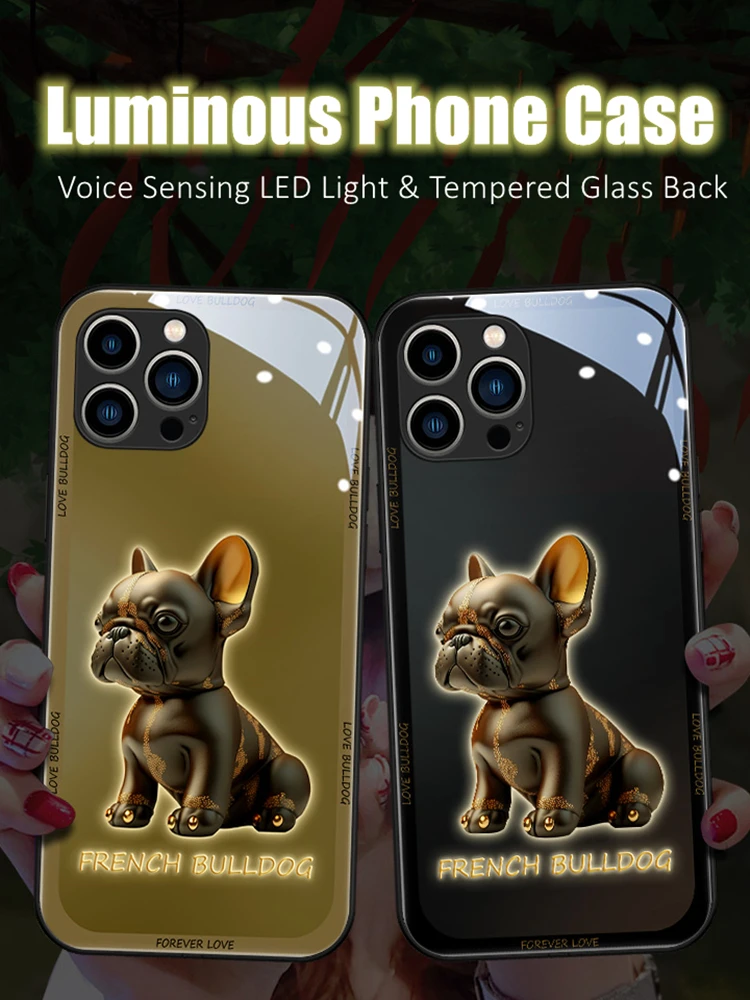 

Luxury Cute Bulldog LED Light Glowing Luminous Phone Case for iPhone 11 12 13 14 15 Xs Xr Mini Pro Max Plus Friend Birthday Gift