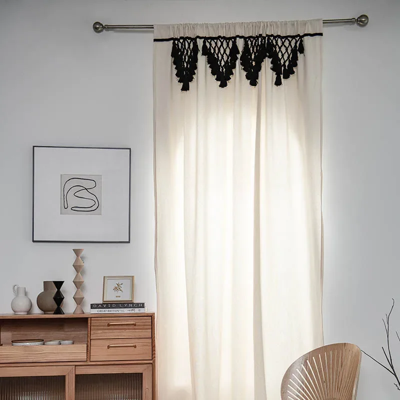 

Cotton Linen Solid Color Window Curtain with TriangleTassel Blackout Valance for The Luxury Living Room Curtains for Living Room