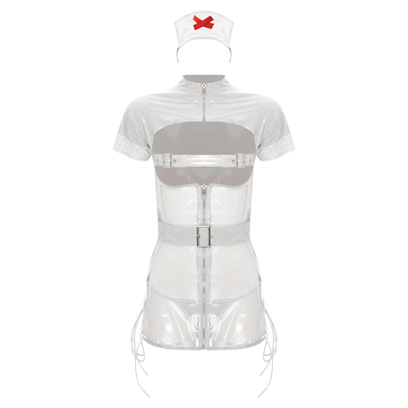 Womens Sexy Lingerie Nurse Cosplay Uniform Mini Dress Suit Transparent PVC Leather Hollow Out Babydoll Teddy Porn Erotic Costume