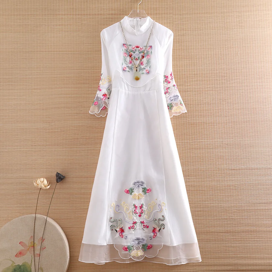 

High-end Spring Summer Women Organza Dress Cheongsam Retro Elegant Embroidery 3/4 Sleeve A-line Lady Party Qipao Dress S-XXL