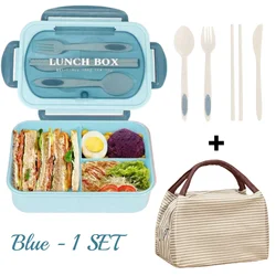 Leak - Proof Bento Lunch Box Set with Utensils & Insulated Bag - 3 Compartments - 1200ml (Blue 1set)