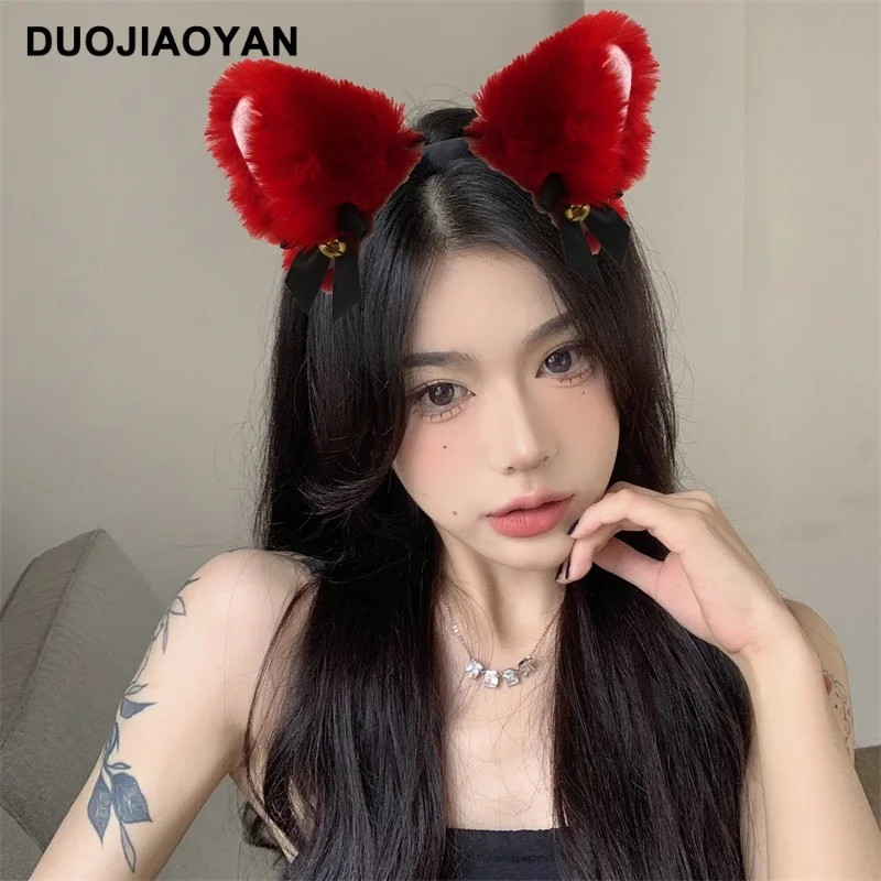 Japanese New Year Red Plush Bell Bow Cat Ear Festive Super Cute Animal Headband Female Wholesale hydrogen water generator japanese titanium quality hydrogen rich water cup ionizer maker generator super antioxidants orp