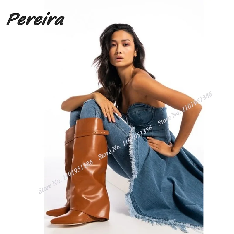 

Pereira Brown Knee High Shark Boots Buckle Decor Wedges High Heels Shoes for Women Solid Botas Fashion Runway Shoes on Heels