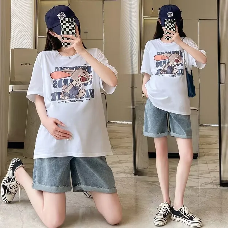 플러스 사이즈 여름 얇은 데님 출산 반바지 야외복 200파운드 이상 여성용 5부 루즈핏 출산 세트