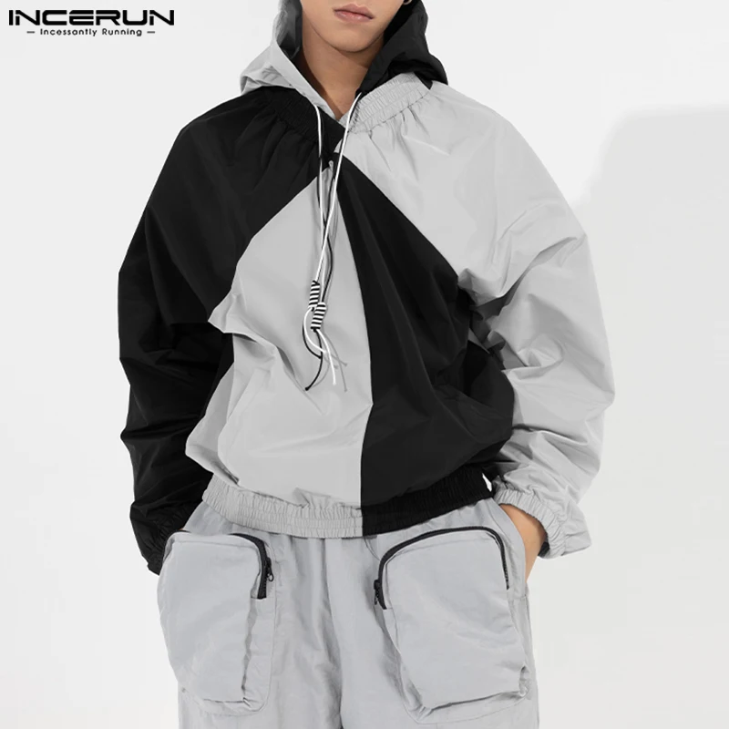 

INCERUN Tops 2023 Korean Style New Men Fashion 2Color Patchwork Drawstring Sweater Casual TechWear Hooded Pullover Hoodies S-5XL