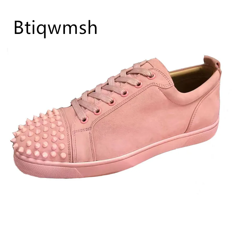 

Pink Spiked Sneakers Man Round Toe Rivet Studded Lace Up Flats Male Fashion Running Shoes