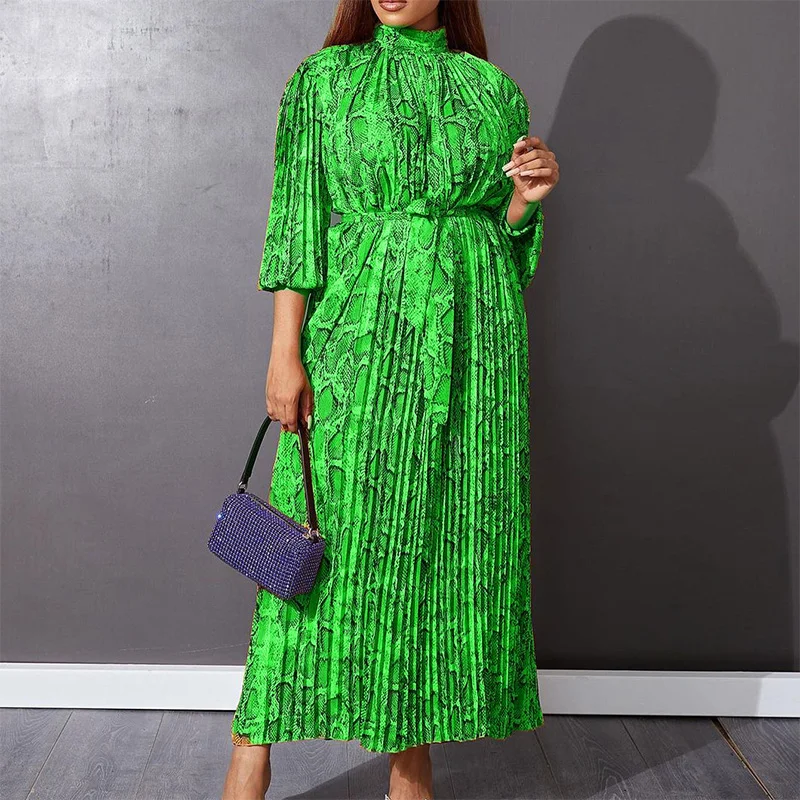 Fashion Half-high Collar Printing Long Sleeve A-line Skirt Plus Size Elegant Crimp Loose Lacing Zipper Basic Ankle-Length Dress