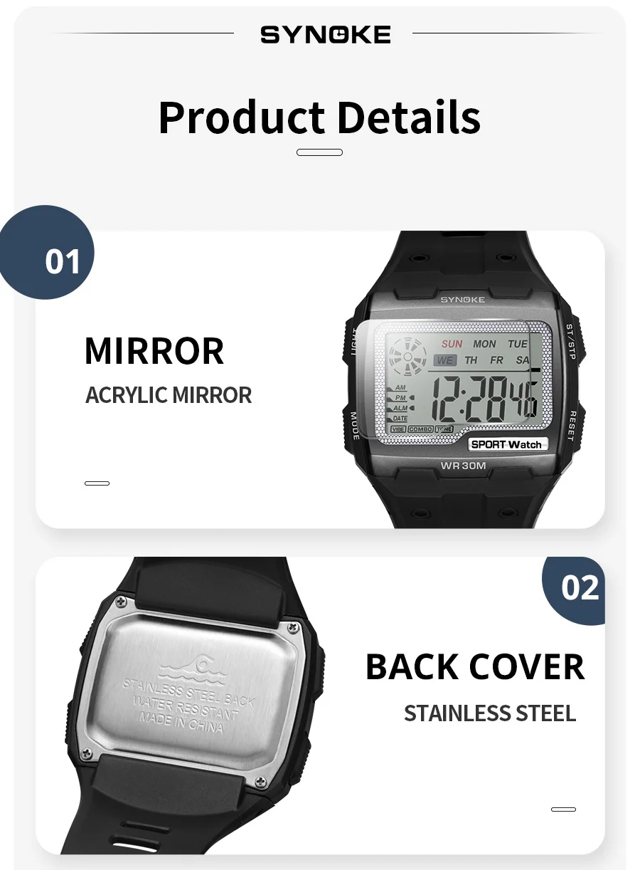 Synoke digitaluhr für männer große zahlen leicht zu lesen 3atm wasserfeste männer digitaluhr outdoor sport leuchtende funktion – Detail 10