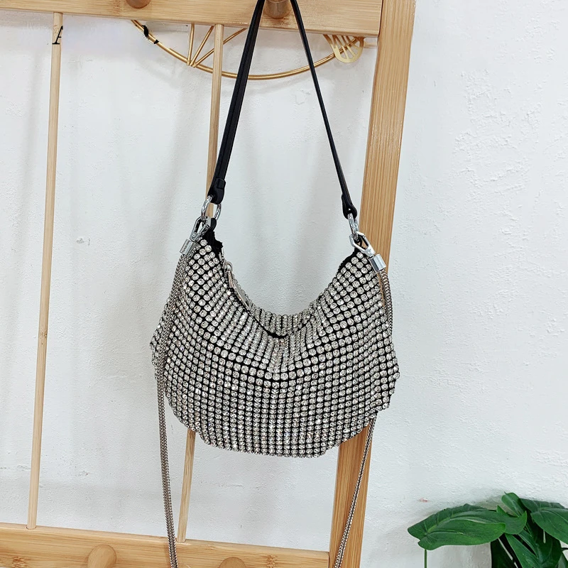 

Underarm Bag Women Shoulder Bags Female Fashion Semicircle Half Moon Full Diamond Portable Hand-Carrying Genuine PU Women's Bag