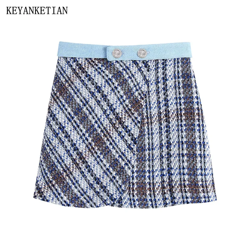 

KEYANKETIAN Autumn/Winter New Colour mixture Tweed Texture Women's High waist Skirt Fashion Vintage Asymmetrical A Line Miniskir