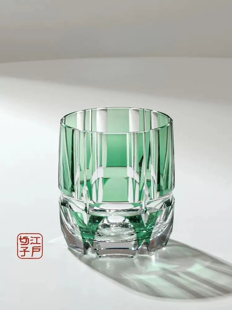 Edo Kiriko Crystal Rock Glass Hand Carving Green Bamboo Liquor Wine Tumbler Top Grade Whiskey Cup Japan Style KAGAMI Design