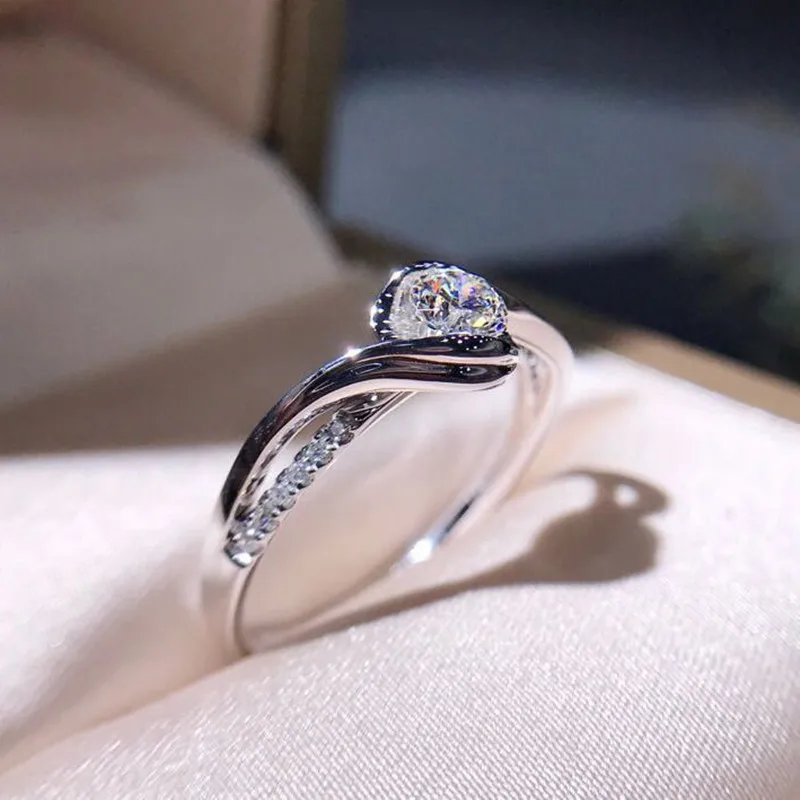 Elegant Promise Ring 925 Sterling Silver Solitaire Zircon Surround Silky Engagement Wedding Jewelry Bridal - 2
