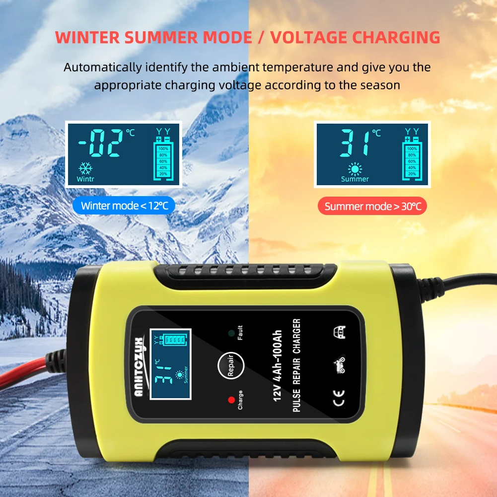 6A 12V Car Battery Charger Automatic Motorcycle Smart Charger with LCD Display for Car Motorcycle Lawn Mower Boat RV SUV ATV