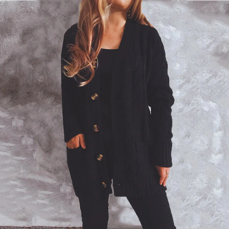 

Women Sweater Coat New Single Breasted Winter Clothes Women 2021 Winter Loose Twist Long Pockets Knitted Cardigan