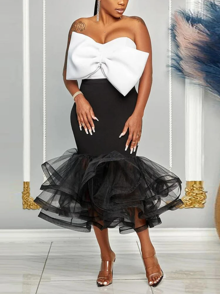 

Соблазнительные облегающие комплекты из 2 предметов, женская одежда с большим бантом, укороченная юбка-годе с оборками из газовой ткани, элегантные комплекты платья-русалки