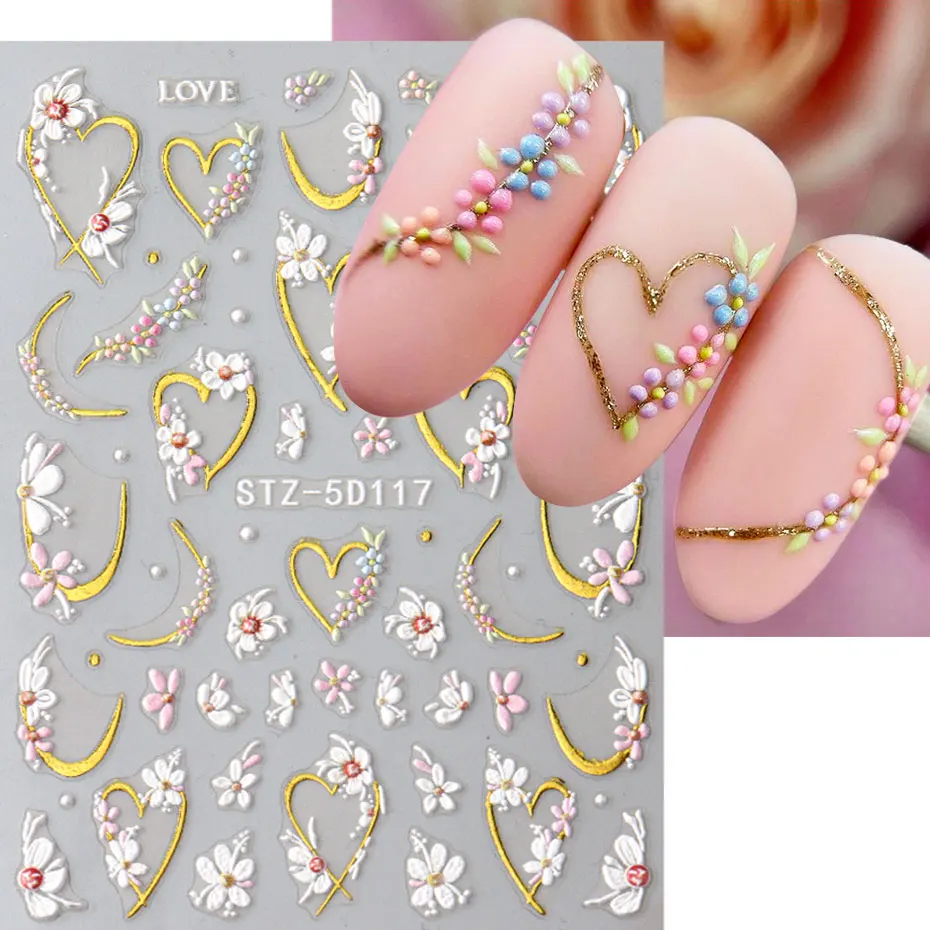 5D Embossed Kawaii Floral Gold Line Sliders Spring White Flowers Nail Stickers DIY Simple Petals Wedding Nails Decals Accesories 3