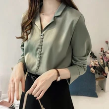 

Retro Women Satin Blouse Long Sleeve Lapel Single-breasted Patchwork Solid Color Straight Office Lady Blouse For Spring Summer