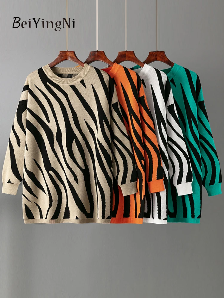 

Beiyingni Women Long Sweaters Zebra Print Vintage Fall Winter Knit Oversized Tops Ladies Casual Fashion Korean Sweater Knitwear