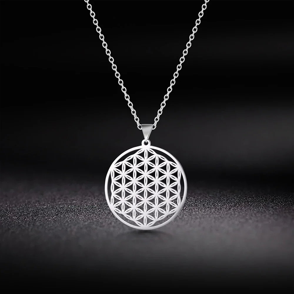 Skyrim Flower of Life Round Pendant Necklace Stainless Steel Golden Mandala Choker Chain Necklaces Jewelry Gift for Women Girls