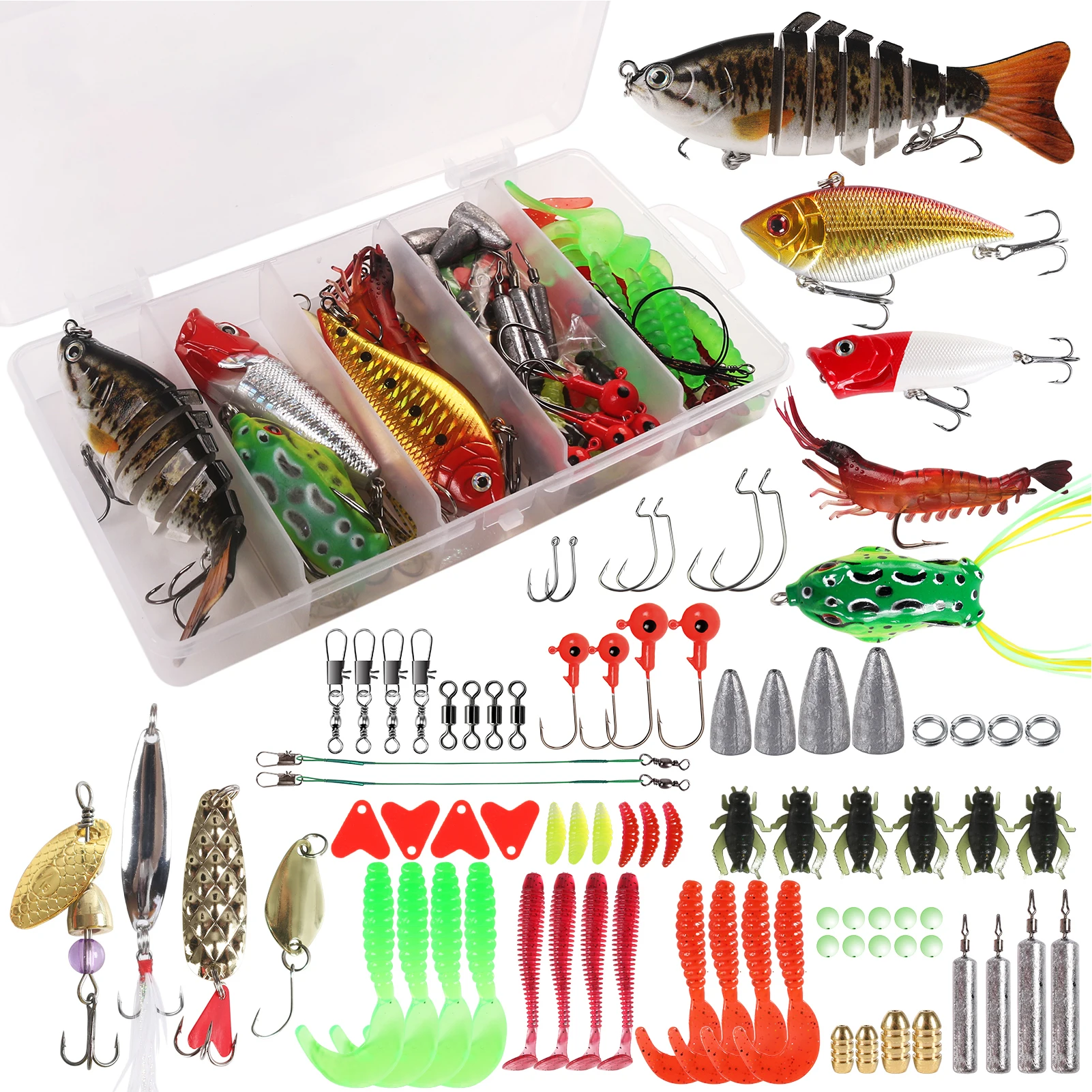 Includes Hooks Swivels Weights 94-Piece Fishing Lures Kit  Hard & Soft  Baits, Hooks, Swivels & Tackle Box For Bass & Trout 94 Piece Fishing Lures  Kit