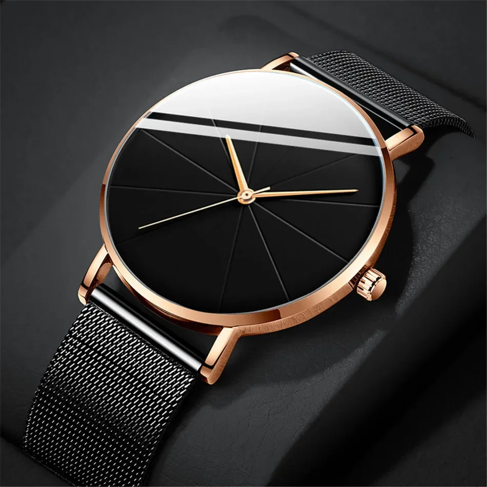 Casual Round Pointer Quartz Watch Large Geo Dial Analog Mesh Strap Wristwatch For Women Men 3
