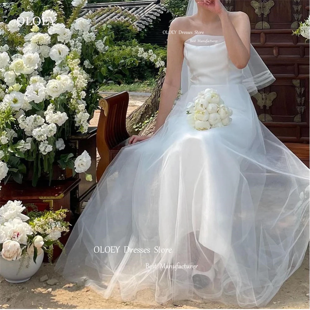 

OLOEY 2024 Simple A Line Tulle Korea Wedding Dresses Photoshoot Strapless Corset Back Floor Length Bridal Gowns