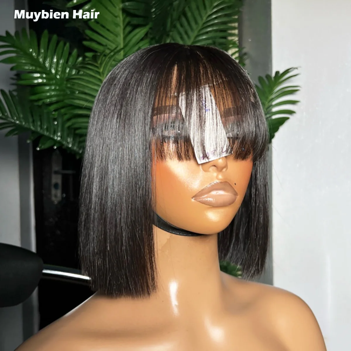 Perruque Bob en cheveux humains vietnamiens, super double drawn, ultra-lisse, coupe droite, avec frange coupée à l’angle droit, sans colle, prête à porter, avec closure 4×4